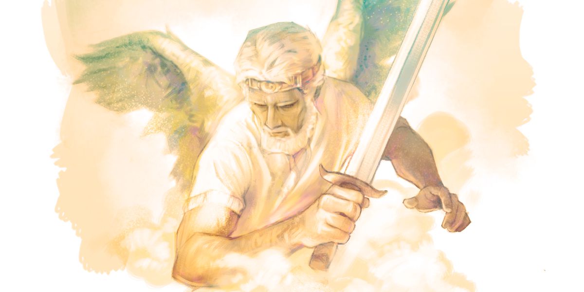 Jesús en el cielo con una espada en la mano