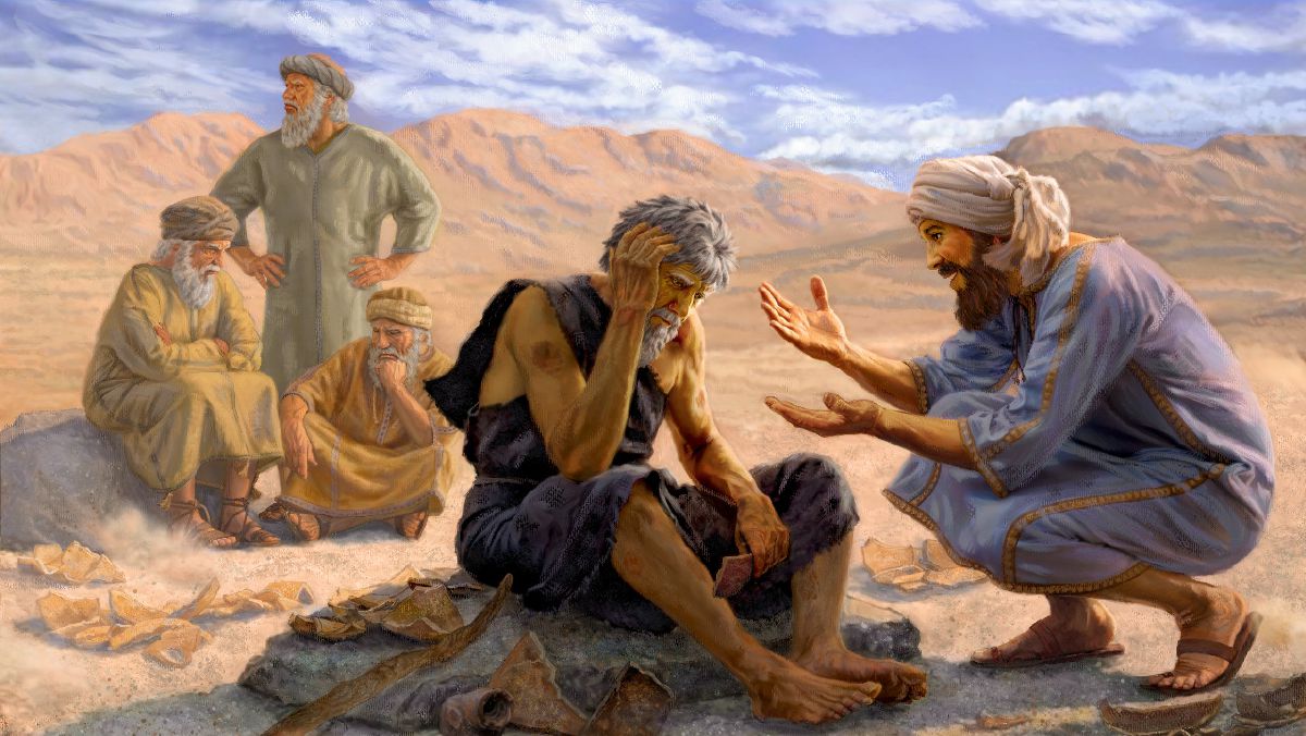 Elihú le habla a Job con dignidad y cariño mientras los otros tres hombres están sentados al fondo