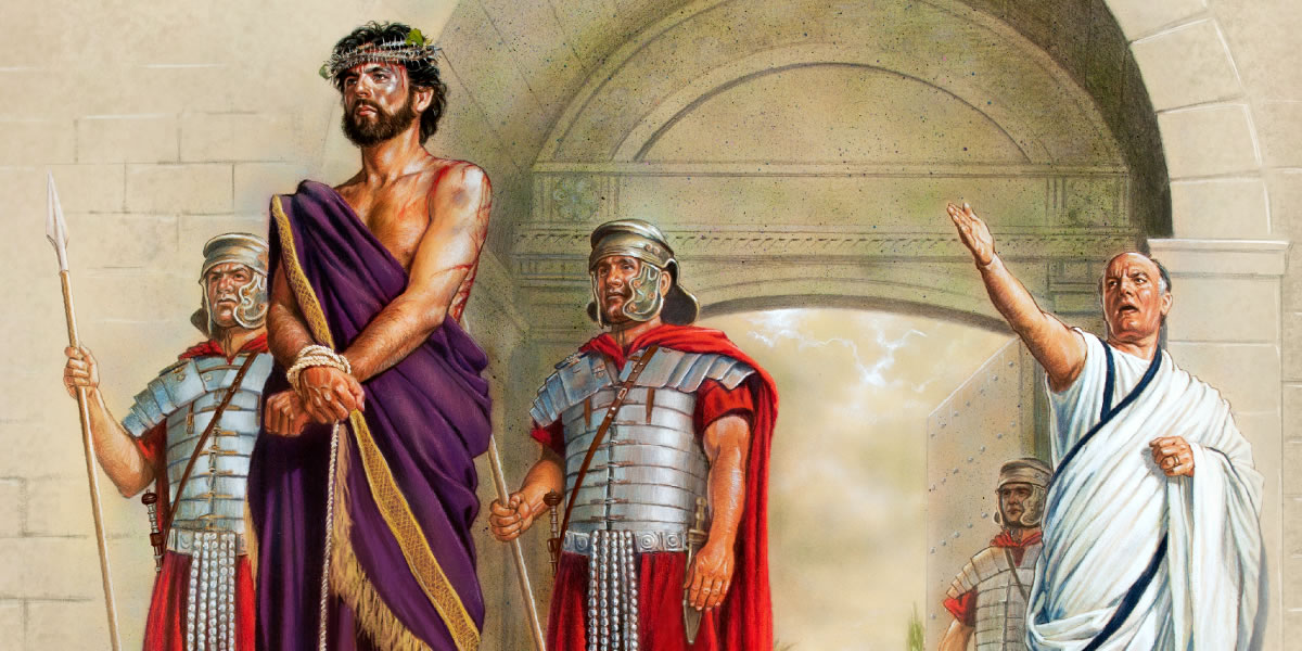 Pilato saca afuera a Jesús, que lleva una corona de espinas y un manto púrpura