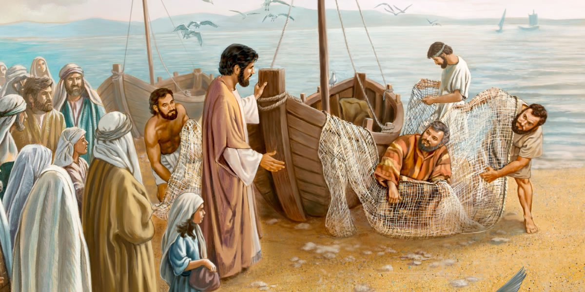 Jesús habla con Pedro, Andrés, Santiago y Juan en la orilla del mar de Galilea