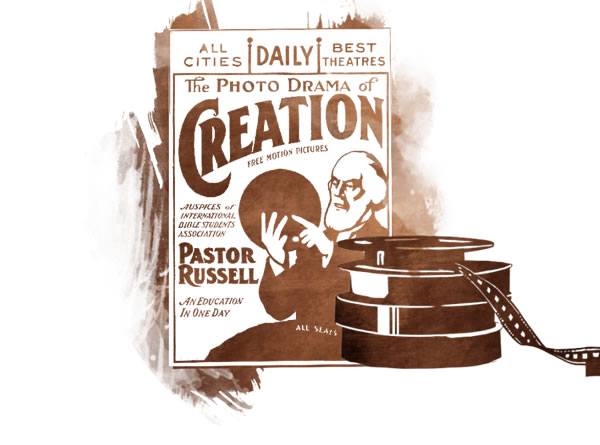 Cartel que anuncia el “Foto-Drama de la Creación” y carretes de película