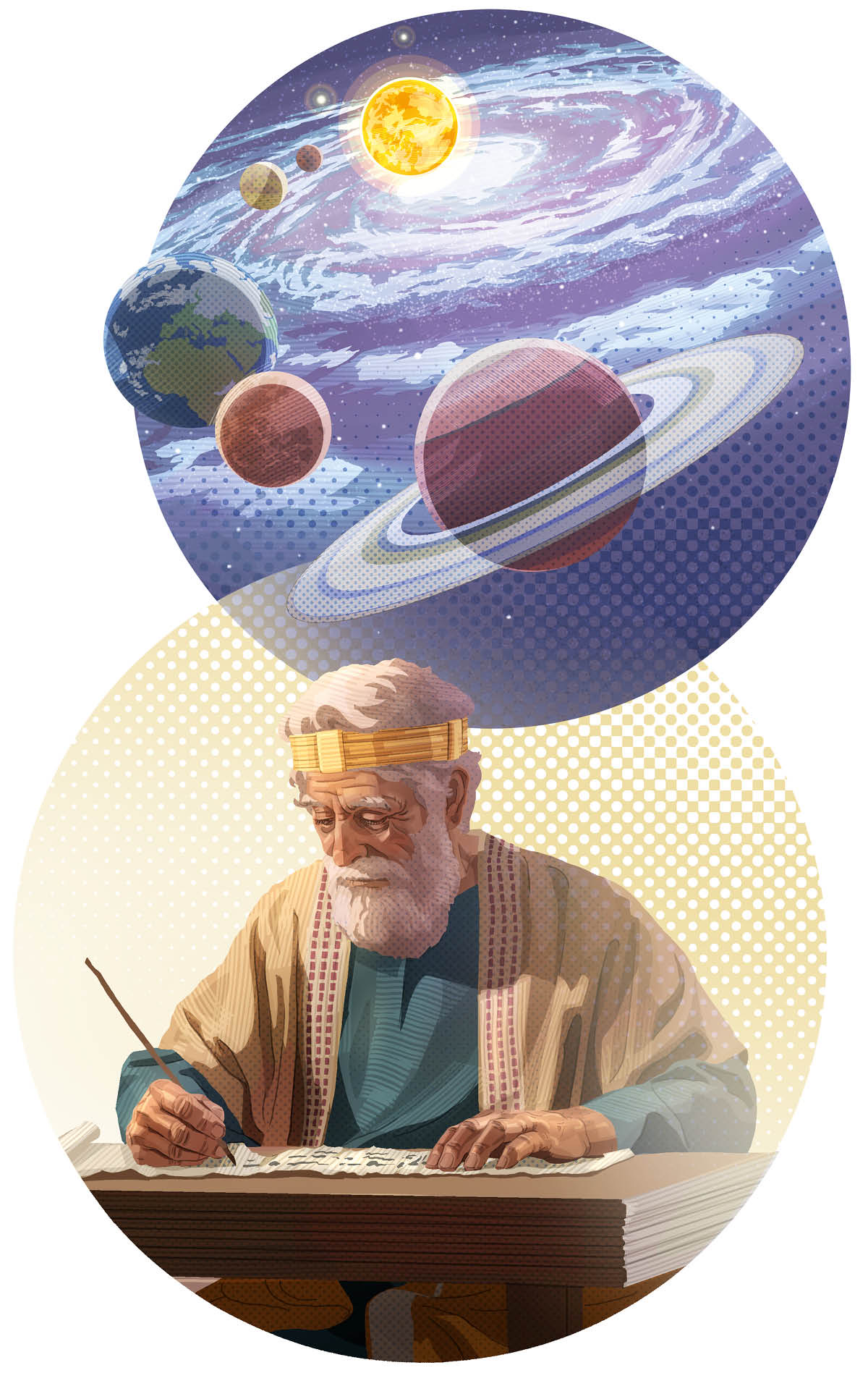 Imágenes de cosas que Dios ha hecho con su espíritu santo: 1. Planetas y el universo. 2. Un escritor de la Biblia escribe en un rollo los pensamientos que Dios le transmite.