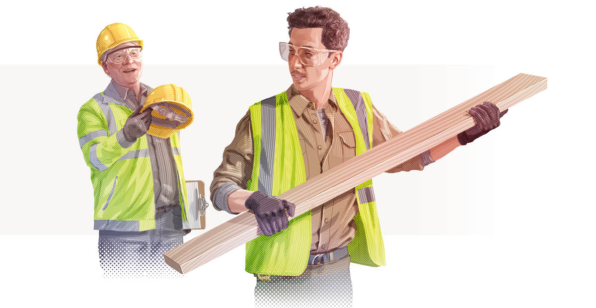 Un trabajador de la construcción ofreciéndole un casco de seguridad a un compañero de trabajo.