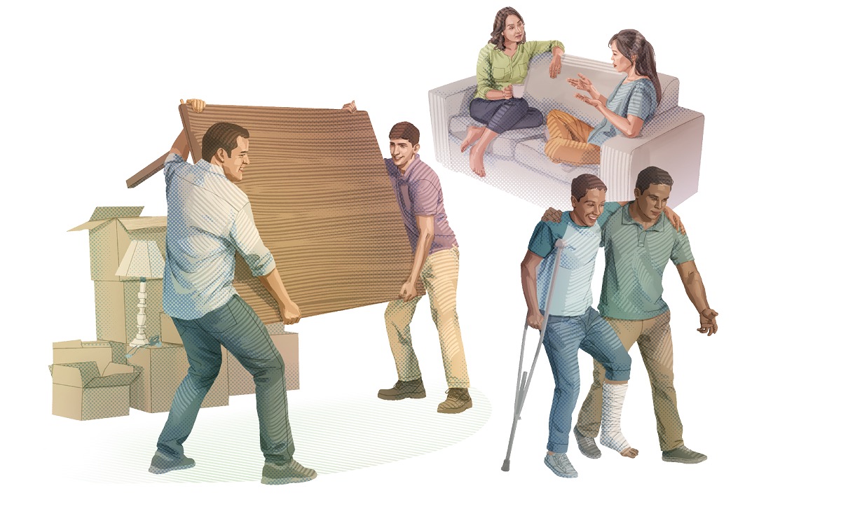 Imágenes de amigos ayudándose unos a otros: 1. Un hombre ayuda a otro a mover una mesa grande. 2. Una mujer se desahoga con otra. 3. Un hombre sostiene a otro que anda con una muleta.