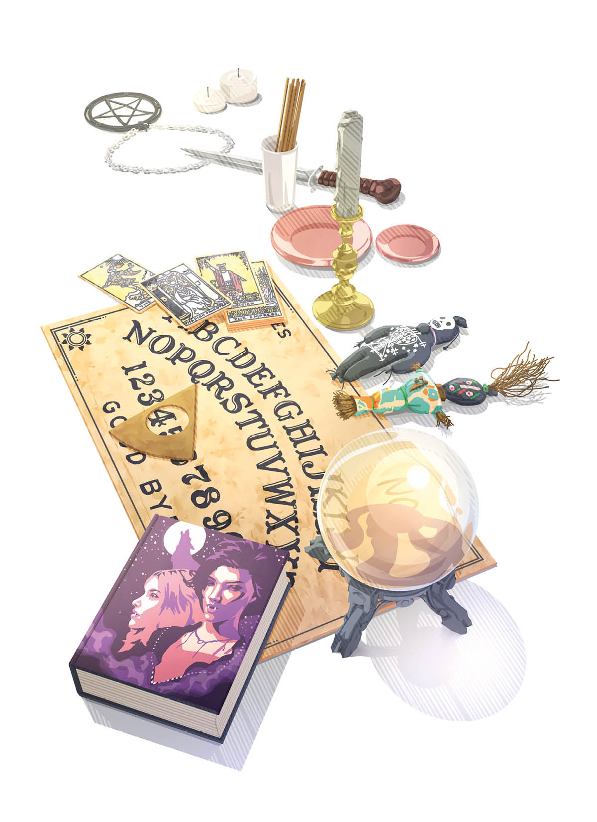 Varios objetos relacionados con el ocultismo y el espiritismo: tabla en la que la gente busca mensajes del más allá, bola de cristal, libro sobre vampiros, cartas del tarot, muñecos de vudú, incienso, amuletos, fetiches y otros.
