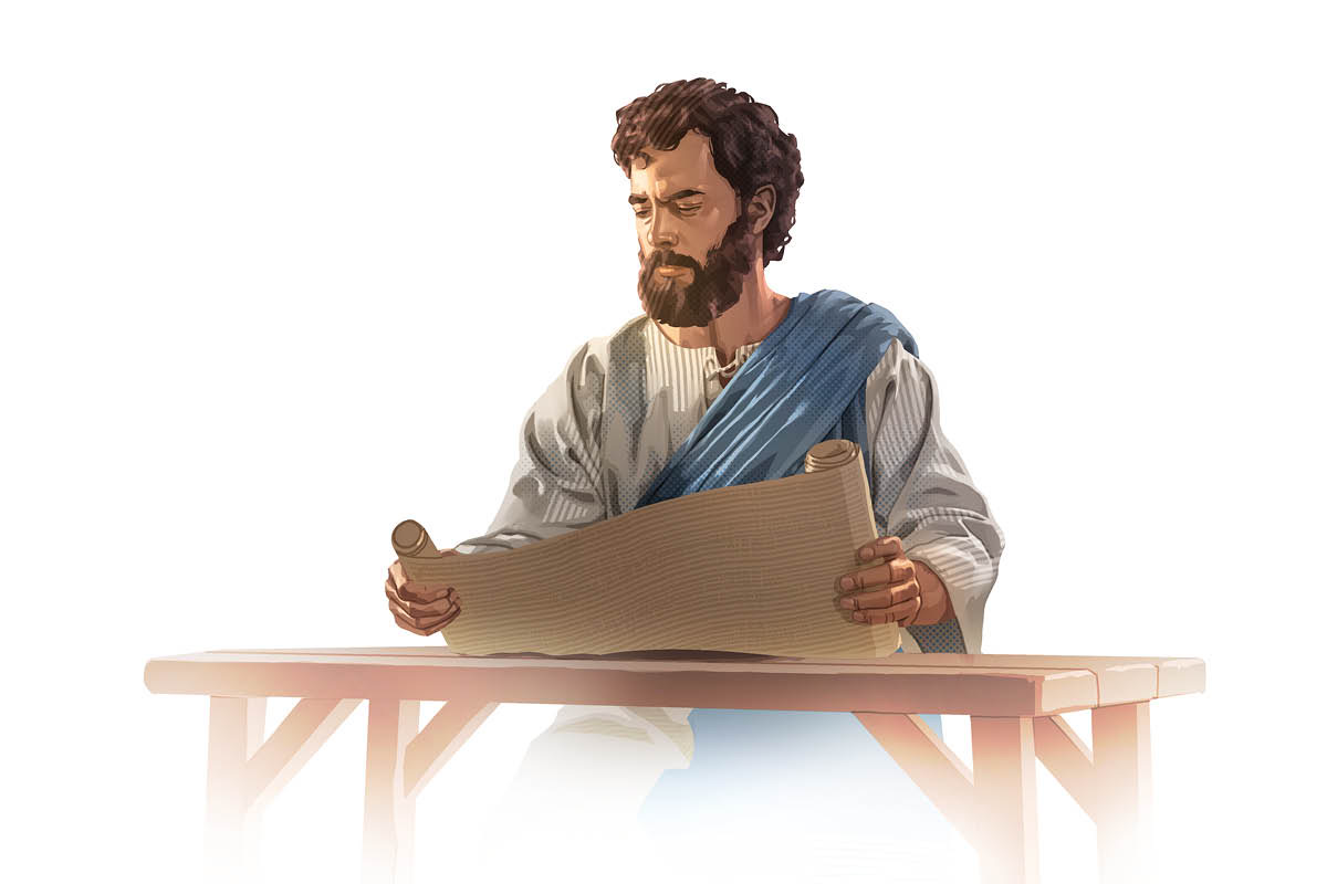 Jesús leyendo un rollo de la Palabra de Dios.