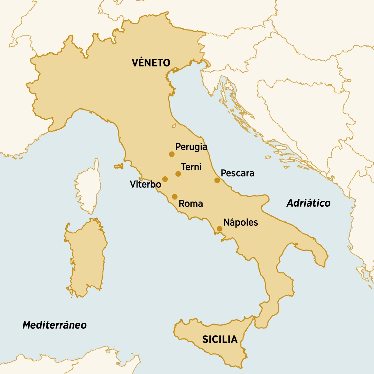 Mapa de los lugares de Italia donde Dorina Caparelli vivió, predicó y asistió a asambleas: Véneto, Perugia, Terni, Pescara, Sicilia, Nápoles, Roma y Viterbo.
