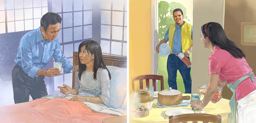 Un esposo cuida a su esposa enferma; una esposa le ha preparado una comida a su esposo