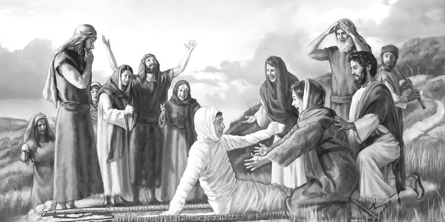 Jesús resucita al hijo de la viuda de Naín y las personas se ponen muy contentas