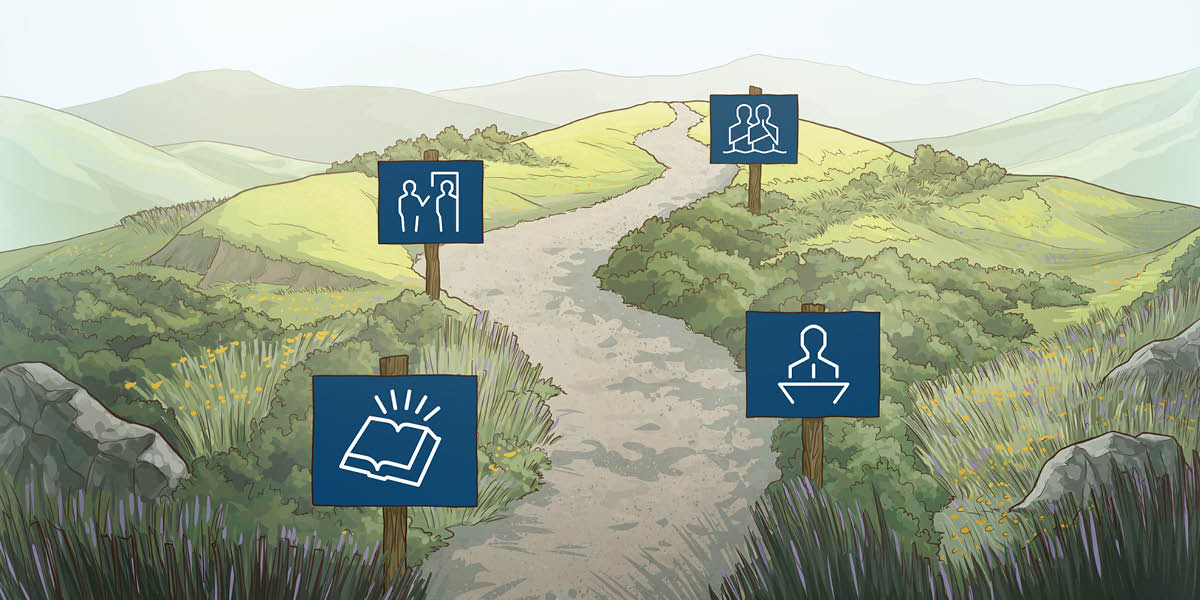 Un camino con curvas que representa el camino para servir a Jehová. Hay señales a lo largo del camino que representan el curso bíblico, la asistencia a las reuniones, la predicación y el bautismo.