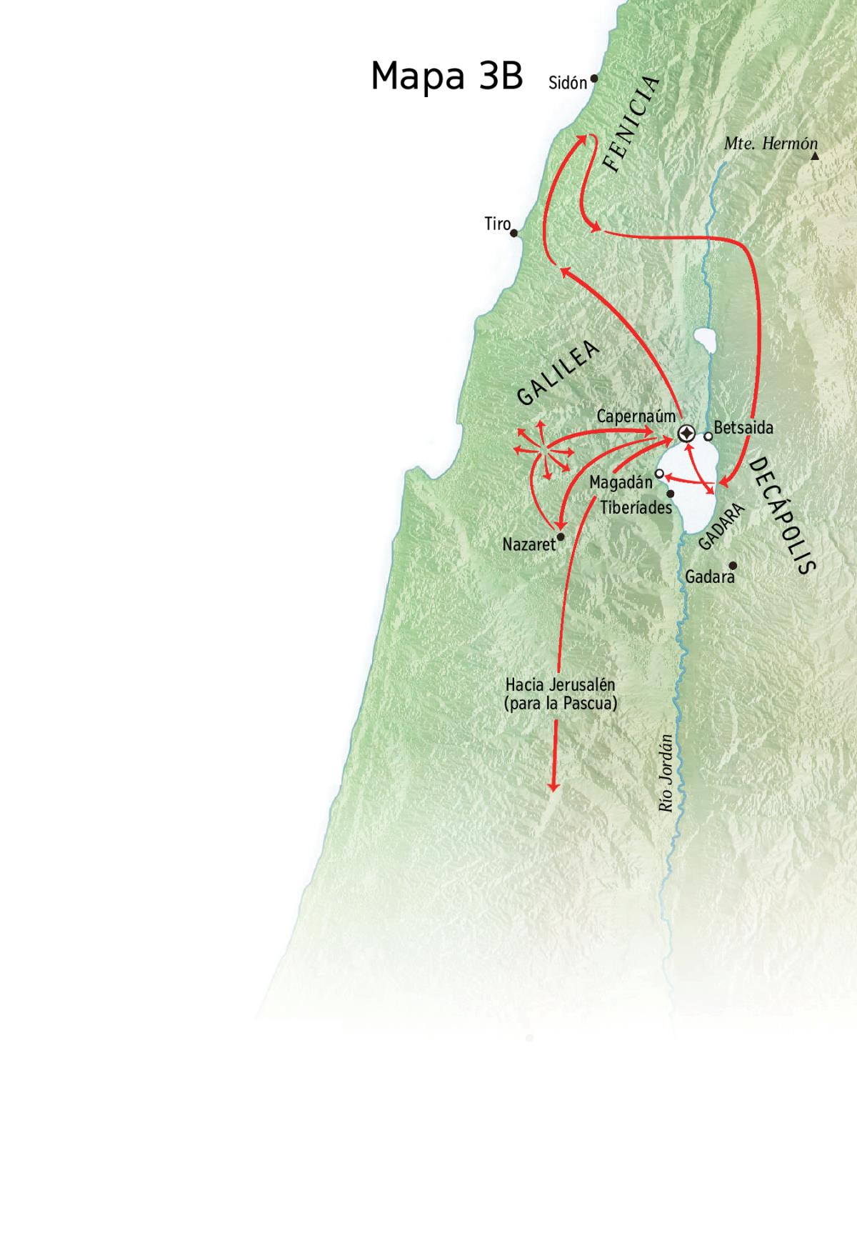 Mapa de lugares donde predicó Jesús en Galilea, Fenicia y la Decápolis
