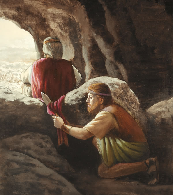 David cortando un pedazo de la vestidura de Saúl