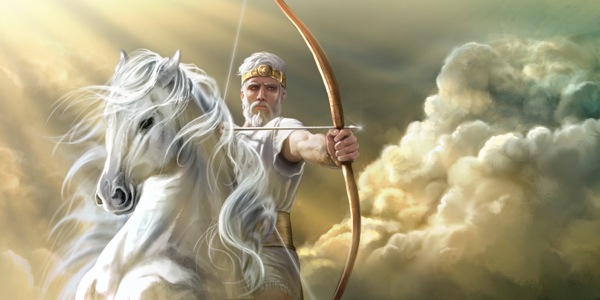 Jesucristo montando un caballo blanco y llevando una corona