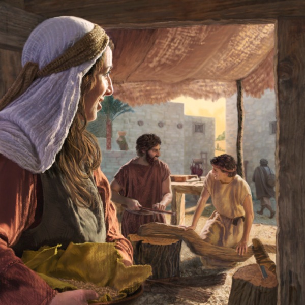 María observa con cariño a José enseñándole a Jesús el oficio de carpintero
