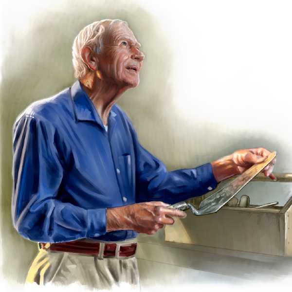 Un hombre envejecido sostiene una paleta de albañil y mira esperanzado hacia el futuro