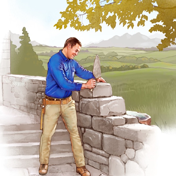 Un hombre joven en el Paraíso usa su paleta de albañil para construir un muro de piedras
