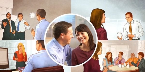 1. Una pareja riendo; 2. La misma pareja rechazando una tentación en el trabajo y una invitación de sus compañeros de trabajo