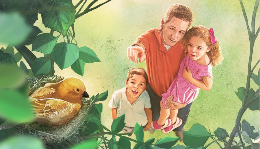 Un padre les señala un nido de pájaros a sus hijos y les habla de las cualidades de Jehová