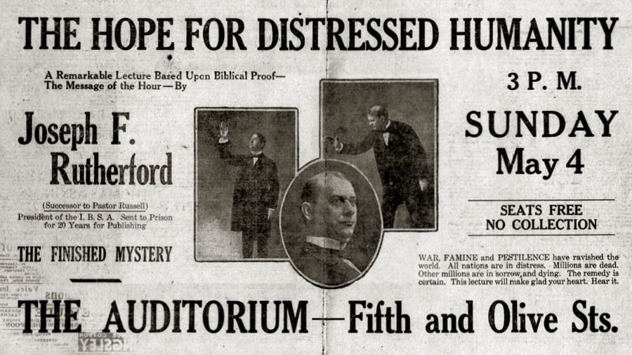 Un periódico anuncia el discurso que presentó en 1919 el hermano Rutherford en Los Ángeles (California), titulado “La esperanza para la humanidad angustiada”
