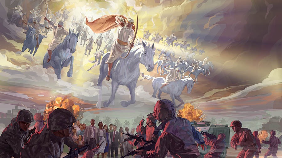 Jesús y su ejército celestial, montados en caballos blancos, se dirigen hacia la batalla de Armagedón para destruir a los enemigos de Dios; una gran muchedumbre sobrevive