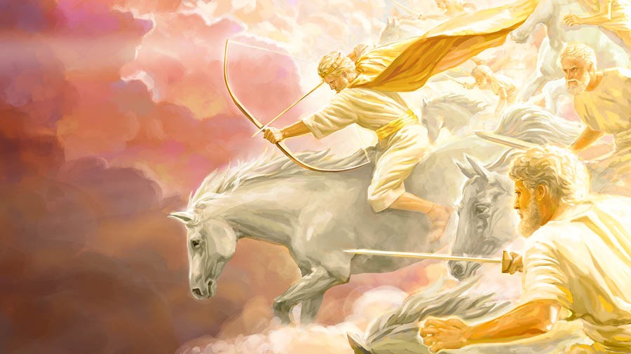 Jesús cabalga sobre un caballo blanco, a punto de disparar una flecha. A su lado van otros ángeles en caballos blancos espada en mano.