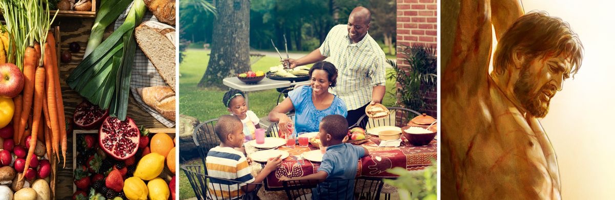 Imágenes de algunos regalos que muestran el amor de Jehová. 1. Un surtido de alimentos frescos. 2. Una familia disfruta de una comida al aire libre. 3. Jesús en el madero de tormento.