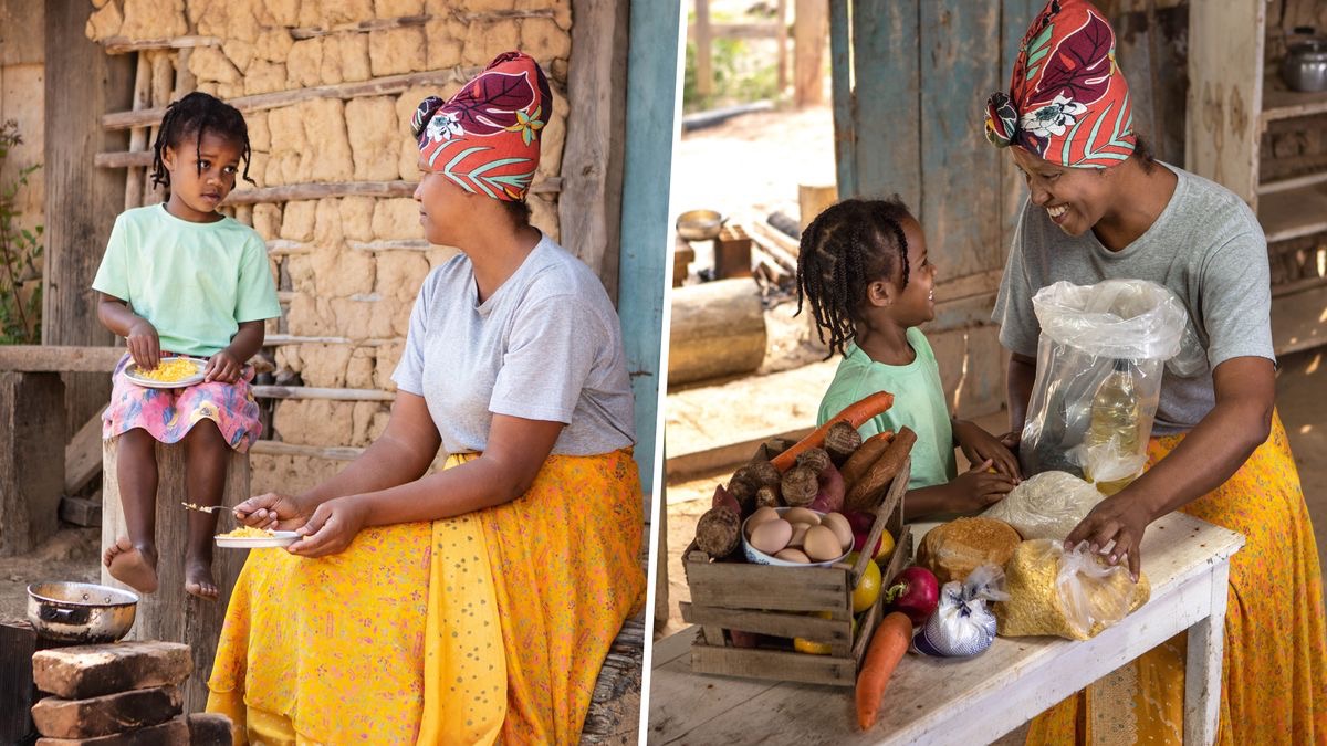 Imágenes de una madre y su hijita, que enfrentan problemas económicos: 1. Una madre y su hijita comen el poquito alimento que tienen sentadas fuera de su humilde hogar. 2. Se alegran mucho al recibir un paquete de suministros de socorro.