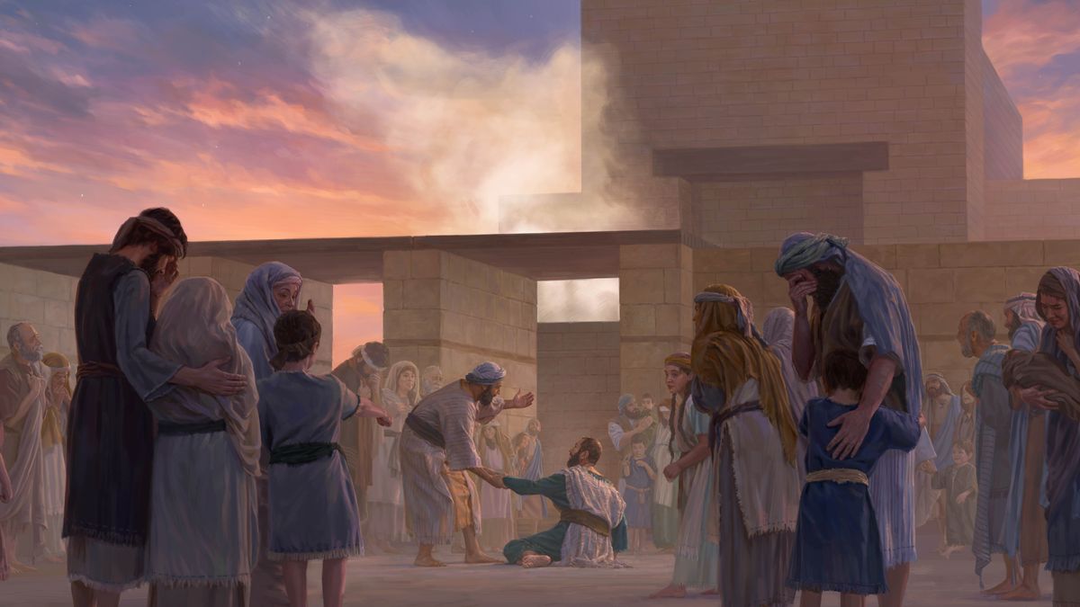 Esdras llorando en el templo con otros israelitas. Secanías lo ayuda a levantarse.