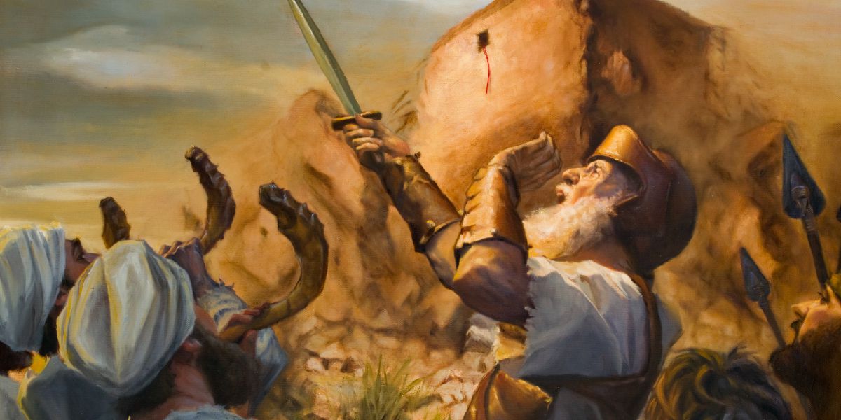Unos sacerdotes tocan los cuernos de carnero, Josué da un grito de guerra y las murallas de Jericó caen