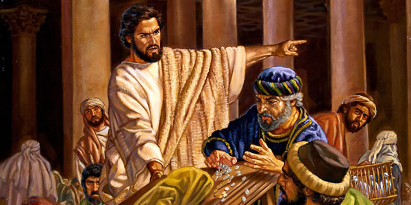 Jeesus pöörab ümber rahavahetajate laua ja ajab nad templist välja.