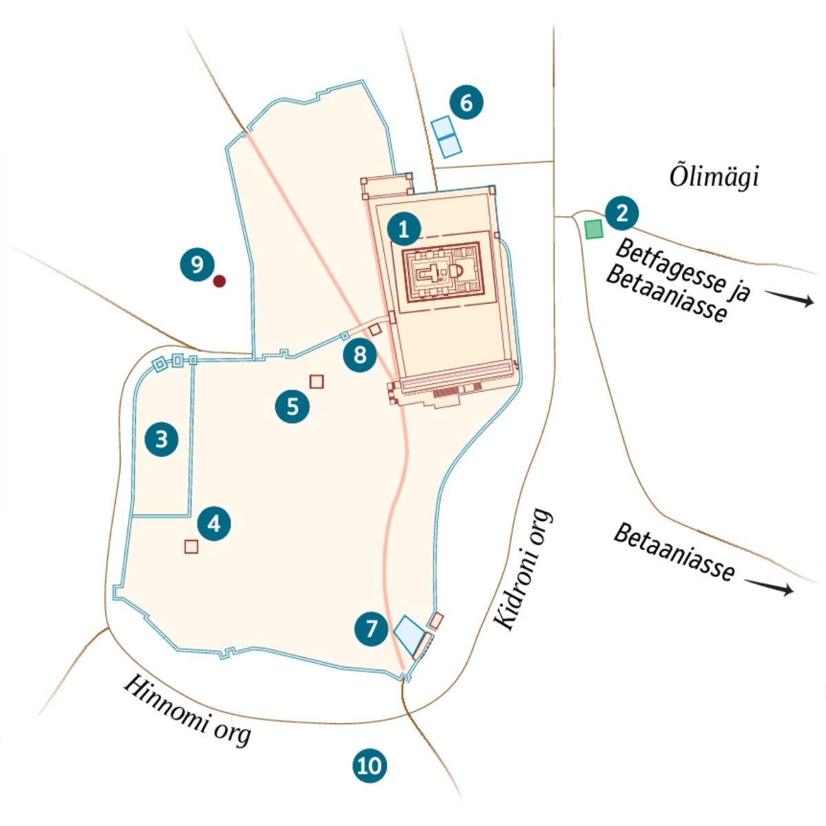 Jeruusalemma ja selle ümbruse kaart. Kindlad ja arvatavad asukohad. 1. Tempel. 2. Ketsemani aed. 3. Maavalitseja residents. 4. Kaifase maja. 5. Herodes Antipase loss. 6. Betsata tiik. 7. Siiloahi tiik. 8. Sanhedrinisaal. 9. Kolgata. 10. Hakeldama.