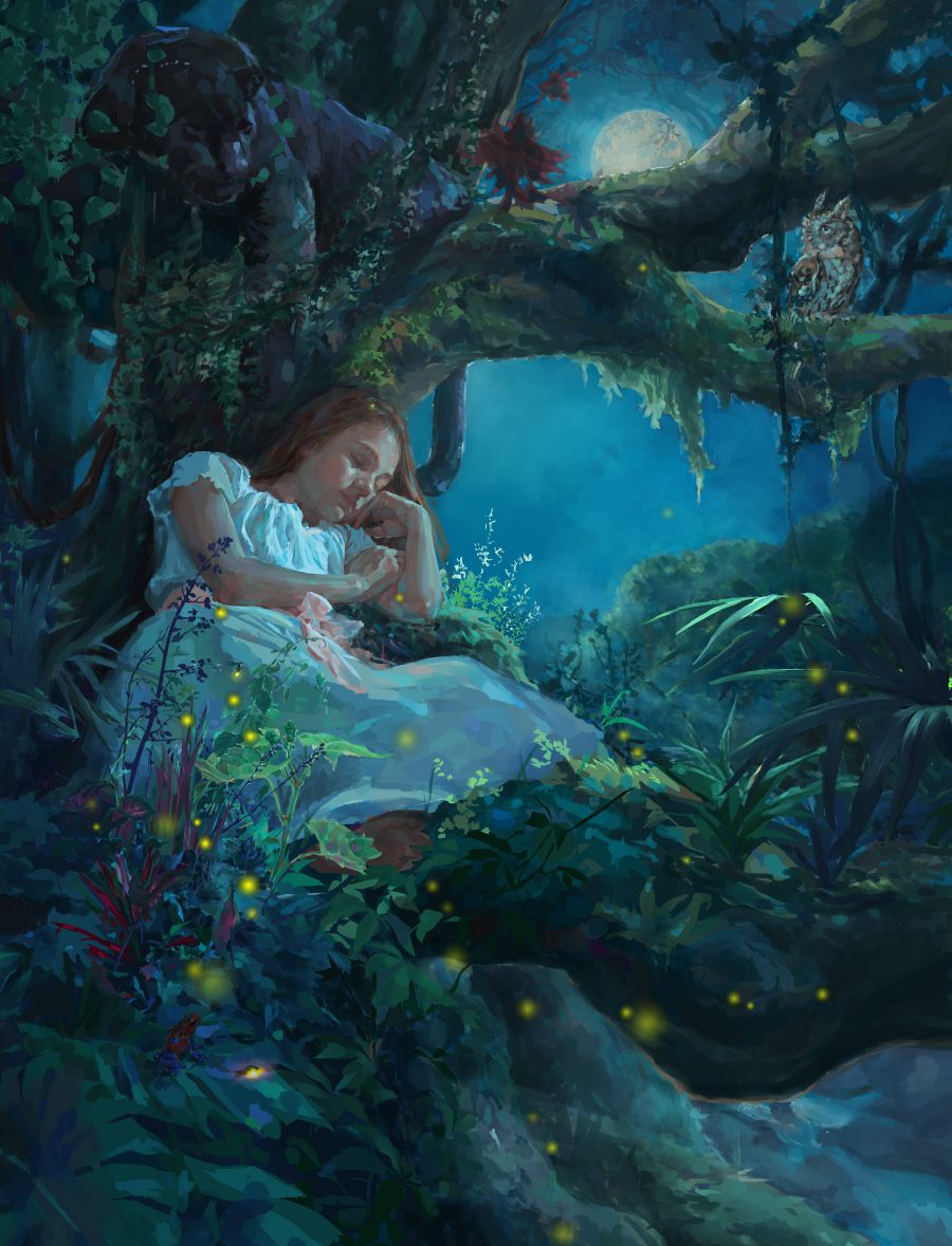 Tüdruk magab öösel metsas puu all. Oksal tema kohal lesib panter.