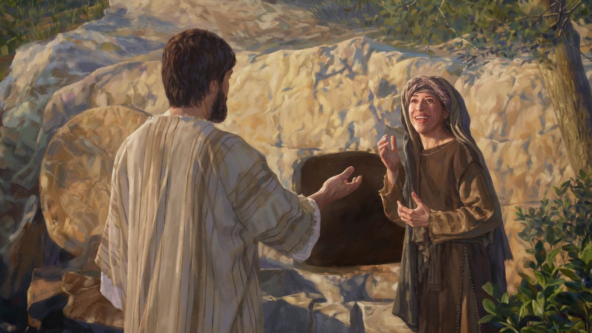 Ülesäratatud Jeesus räägib tühja hauakoopa juures Maarja Magdaleenaga.