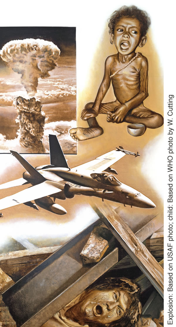 صحنه‌هايی از ايام آخر:‏ انفجار بمبی؛‏ بچه‌ای كه دچار سوءتغذيه است؛‏ هواپيمای جنگی؛‏ كسی كه زير الوار در اثر زلزله گير افتاده است