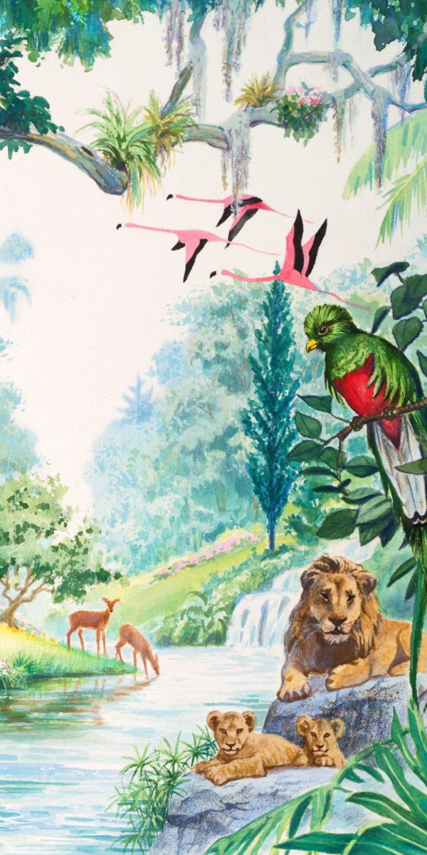 شیران،‏ پرندگان و آهو در باغ عدن