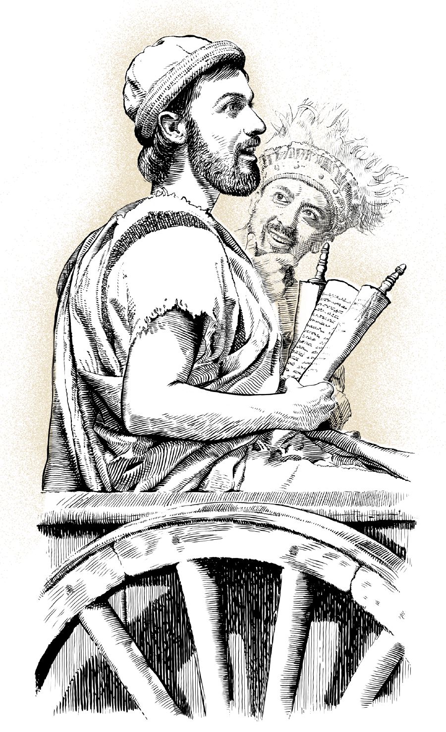 فیلیپُس و خواجه‌سرای اهل اتیوپی در ارابه نشسته‌اند.‏