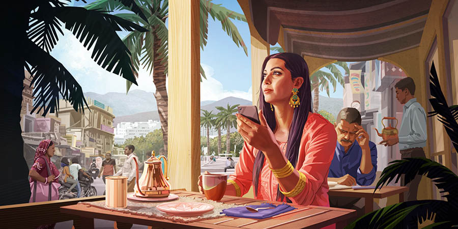 خانمی در یک کافی شاپ در هند نشسته است و به آنچه خوانده فکر می‌کند.‏