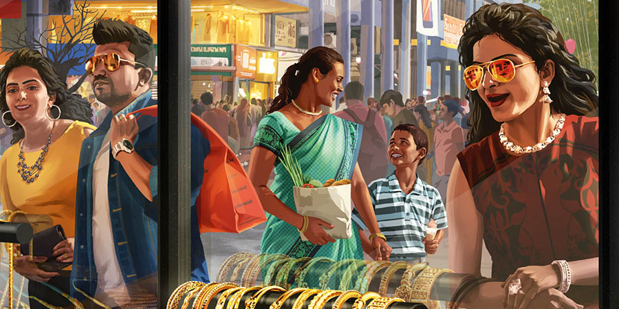 مادری همراه پسرش در مرکز خرید در هند راه می‌روند ولی برعکس دیگران جذب طلا و لباس‌های شیک نمی‌شوند.‏