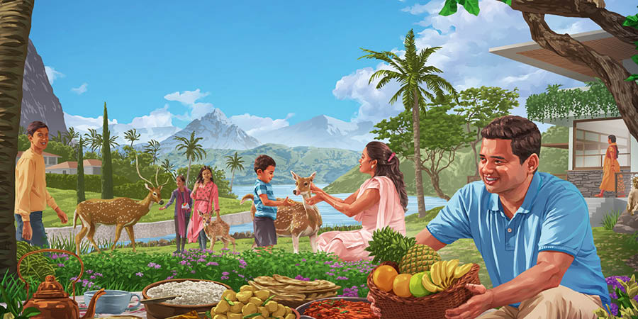 مردم در صلح و آشتی با حیوانات و با فراوانی غذا در بهشت روی زمین زندگی می‌کنند.‏