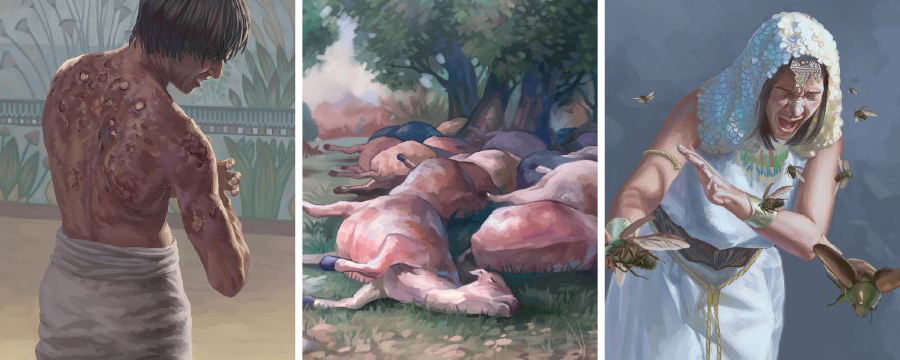 بلاهای چهارم تا ششم مصر:‏ مگس،‏ بلا بر ضدّ دام‌ها،‏ دمل‌های چرکین