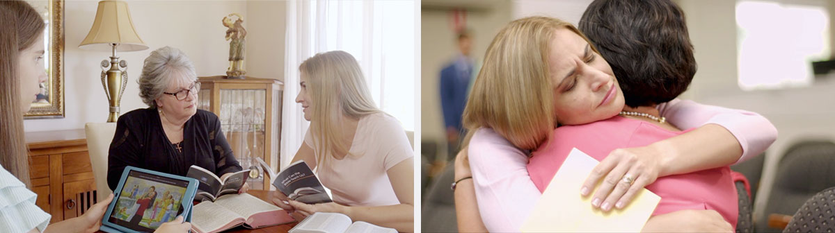 صحنه‌ای از ویدیوی ‹امید به رستاخیز شجاعت می‌بخشد—‏چگونه؟‏› تصاویر:‏ ۱.‏ یک شاهد یَهُوَه به مادری که دخترش را از دست داده است تسلّی می‌دهد.‏ ۲.‏ آن مادر همراه یکی از دخترانش به خانمی دلگرمی می‌دهد.‏ 