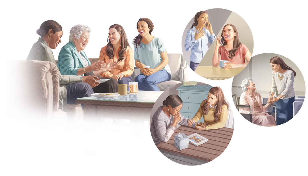 تصاویر:‏ خانمی با سه دوست صمیمی‌اش.‏ ۱.‏ او با یکی از دوستانش تلفنی صحبت می‌کند.‏ ۲.‏ او با یکی دیگر از دوستانش در سالن جماعت صحبت می‌کند.‏ ۳.‏ او به دیدن یکی از دوستانش که سوگوار است می‌رود.‏