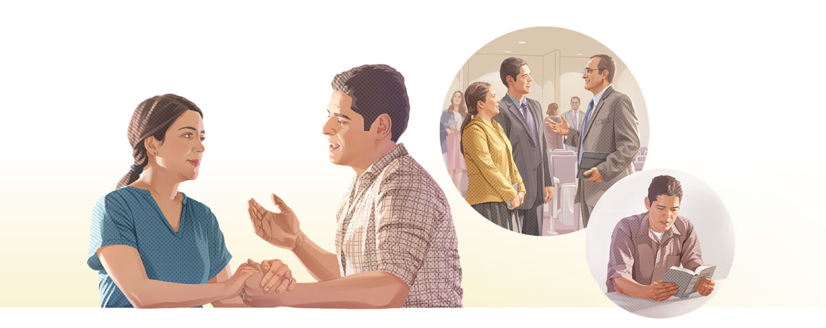 تصاویر:‏ کارهایی که باعث می‌شود یک شوهر با همسرش با مهربانی صحبت کند.‏ ۱.‏ او کتاب مقدّس را می‌خواند.‏ ۲.‏ او با دوستش در جماعت معاشرت می‌کند.‏