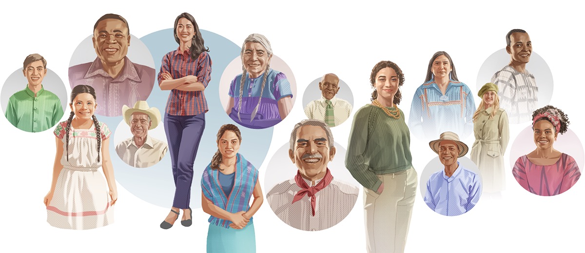 مردان و زنانی از سنین و نژادهای مختلف با مدل موها و لباس‌های مختلف که مناسب مسیحیان است.‏