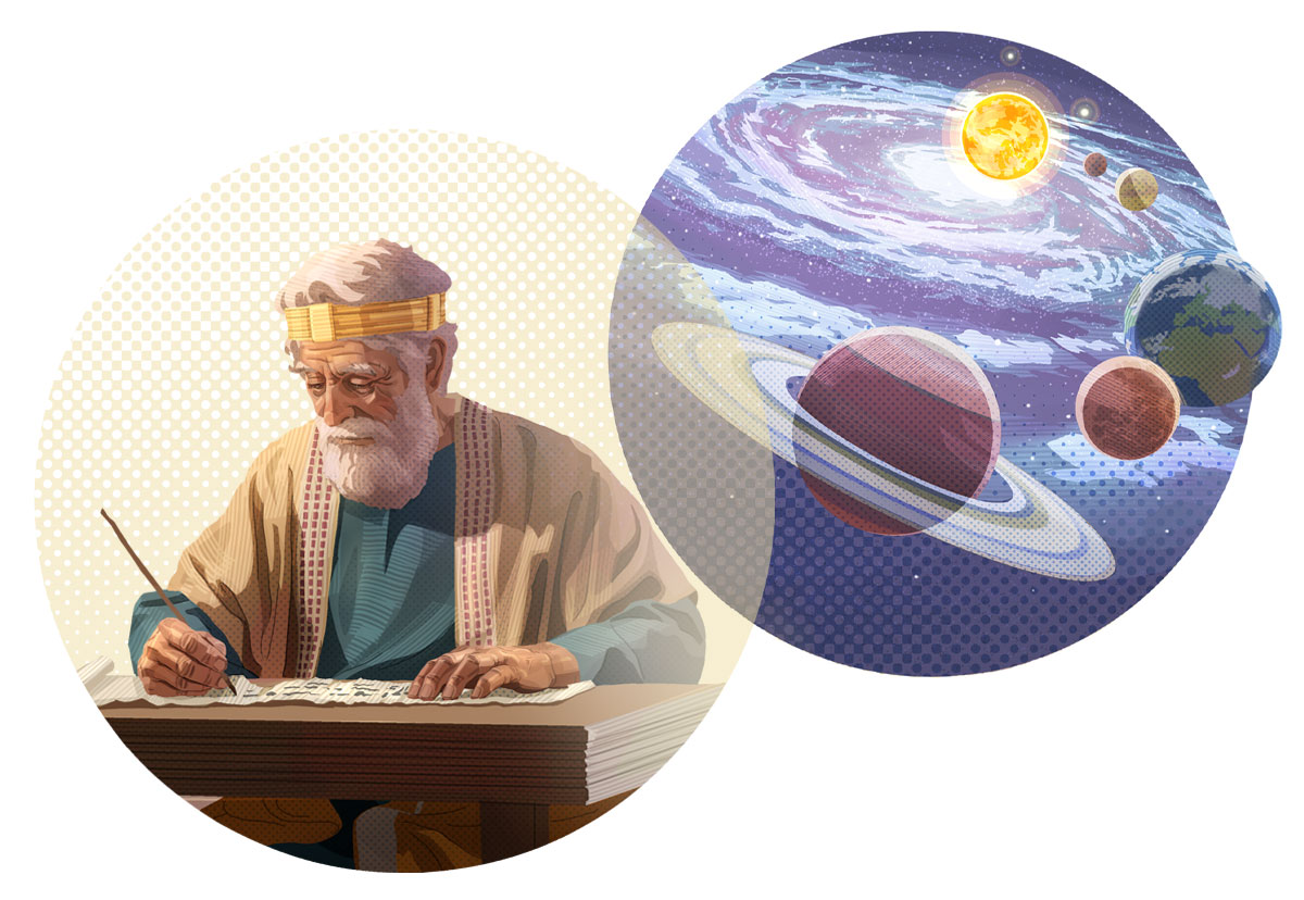 تصاویری از کارهایی که توسط روح‌القدس انجام شده است:‏ ۱.‏ سیّارات و عالم هستی.‏ ۲.‏ یکی از نویسندگان کتاب مقدّس افکار خدا را روی طوماری می‌نویسد.‏