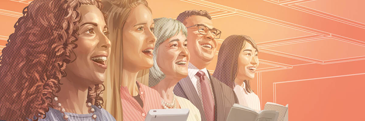 گروهی از مردم در یکی از جلسات شاهدان یَهُوَه سرود می‌خوانند.‏