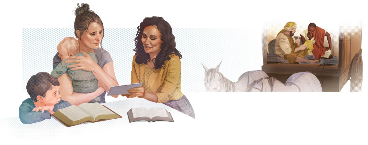 تصاویر:‏ ۱.‏ فیلیپُس در حال توضیح نوشته‌های مقدّس به مردی حبشی.‏ ۲.‏ یکی از شاهدان یَهُوَه در حال توضیح کتاب مقدّس به مادری که دو بچه دارد.‏ 