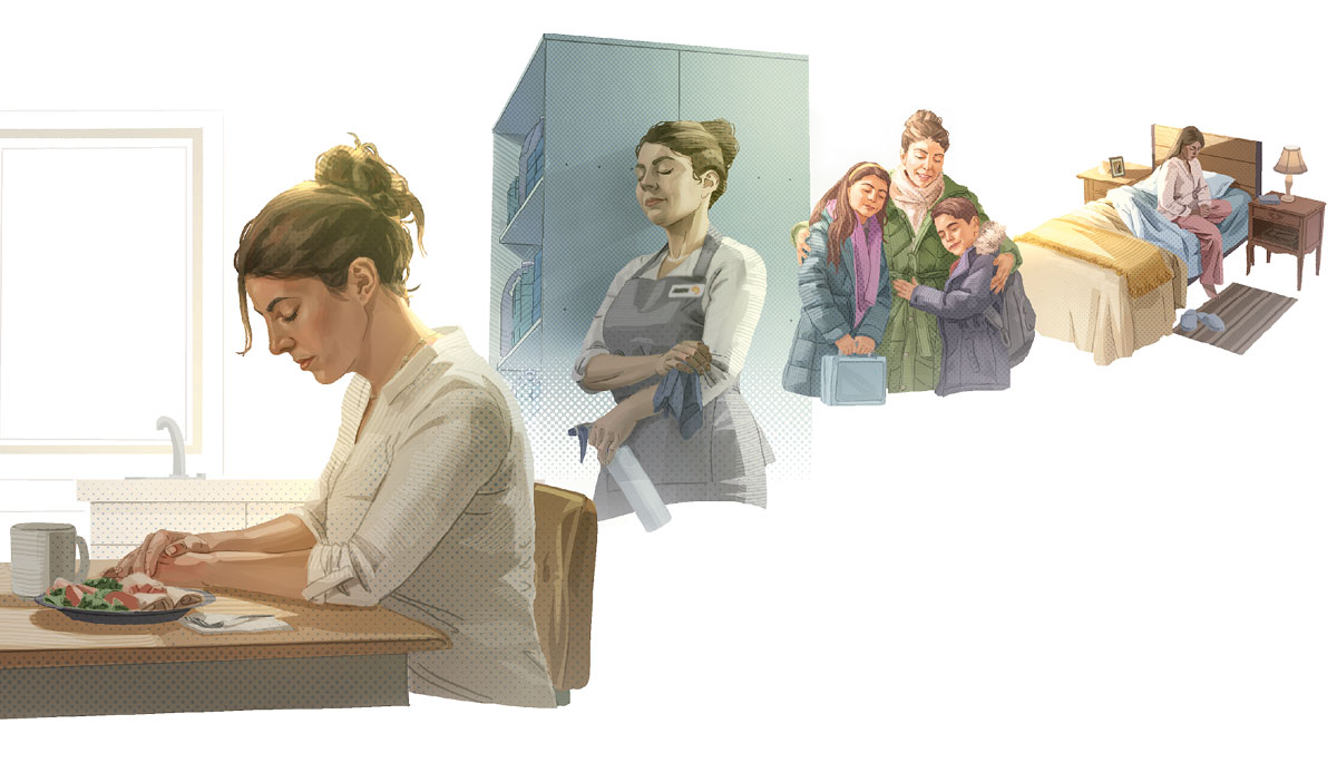 تصاویر:‏ خانمی در طول روز دعا می‌کند.‏ ۱.‏ هنگام صبح.‏ ۲.‏ همراه فرزندانش.‏ ۳.‏ در محل کار.‏ ۴.‏ قبل از غذا خوردن