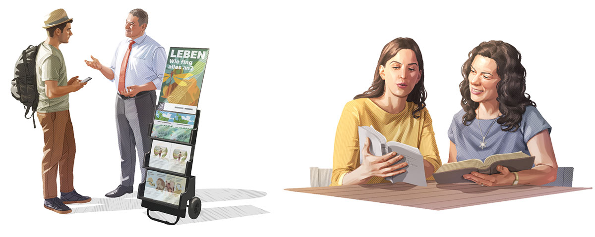 تصاویری از موعظهٔ شاهدان یَهُوَه:‏ ۱.‏ یک خواهر در حال خواندن آیه‌ای برای یک خانم.‏ ۲.‏ یک برادر در حال موعظه به مردی در کنار چرخ‌دستی