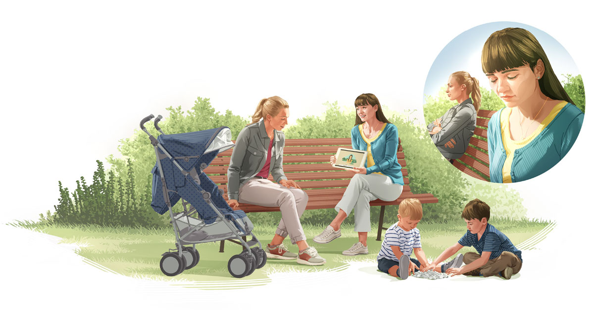 تصاویری از یک شاگرد کتاب مقدّس در حال موعظه به خانمی که روی نیمکتی در پارک نشسته است.‏ ۱)‏ آن شاگرد کتاب مقدّس در حال دعا.‏ ۲)‏ همان شاگرد ویدیویی دربارهٔ کتاب مقدّس به آن خانم نشان می‌دهد.‏